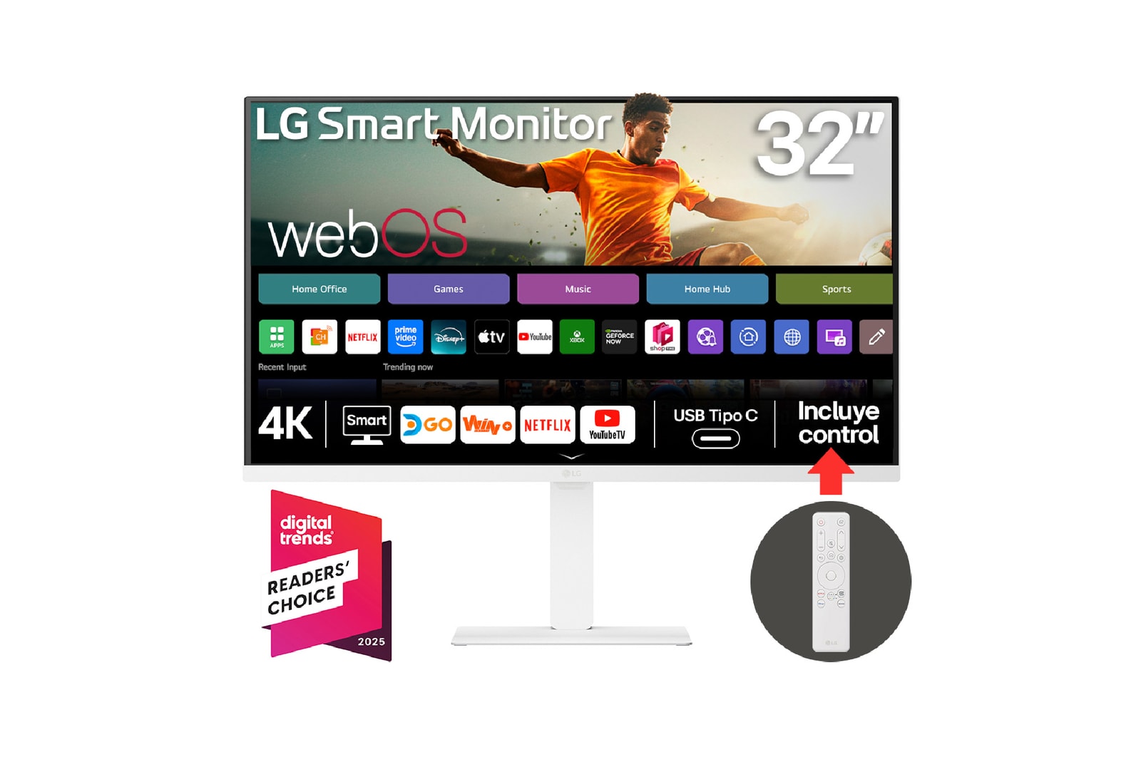 Vista frontal de Monitor LG Smart 4K UHD de 32" con diseño elegante y webOS 32U720SA-W